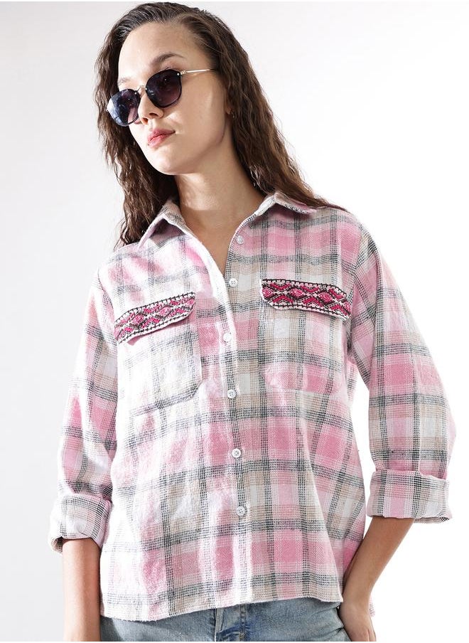 HIGH STAR Women Oversized Fit Checked Embroidered Casual Shirt  - Image 1