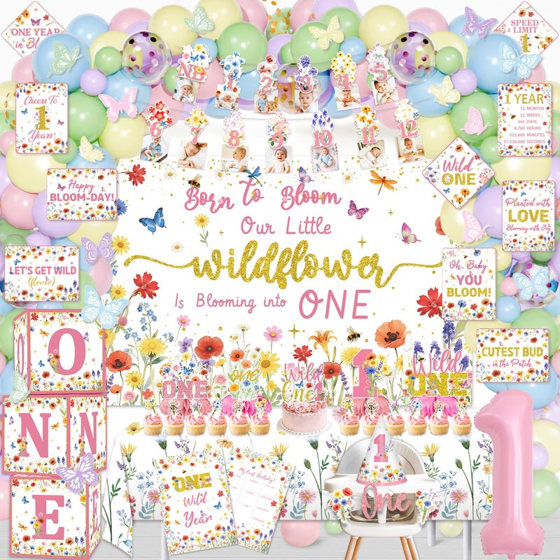 Mpanwen Wildflower Wild One Birthday Decorations Girl 152 Pcs First Wild Flower Theme Party Decor Supplies for 1st Girl Baby Backdrop Tablecloth Centerpieces Crown Poster Wall Signs Blocks - Image 3