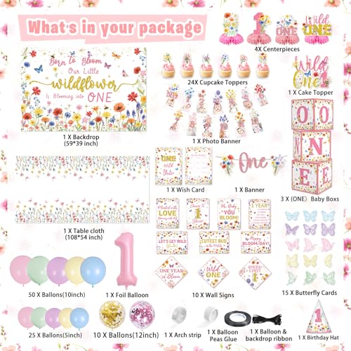 Mpanwen Wildflower Wild One Birthday Decorations Girl 152 Pcs First Wild Flower Theme Party Decor Supplies for 1st Girl Baby Backdrop Tablecloth Centerpieces Crown Poster Wall Signs Blocks - Image 5