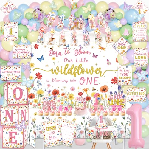 Mpanwen Wildflower Wild One Birthday Decorations Girl 152 Pcs First Wild Flower Theme Party Decor Supplies for 1st Girl Baby Backdrop Tablecloth Centerpieces Crown Poster Wall Signs Blocks - Image 1