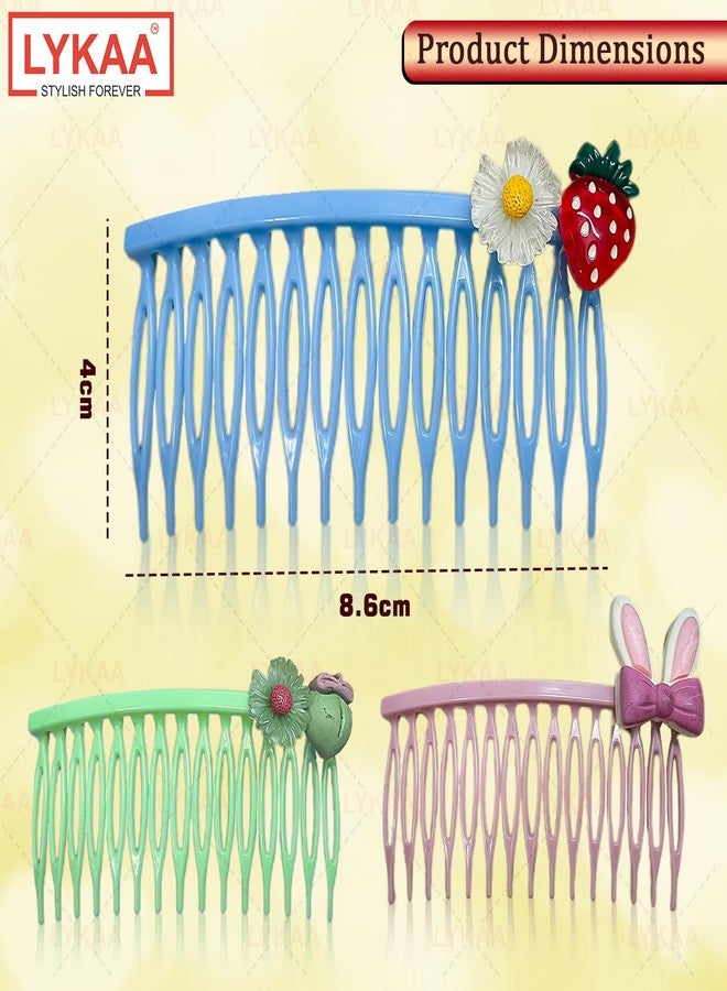Lykaa Cute Decorative Side Hair Comb Clips for Women & Girls | Cartoon Style Plastic Hair Accessories with Bunny, Strawberry, Flower Designs | Strong Grip Comb Clips | Multicolour (Pack of 3) - Image 2