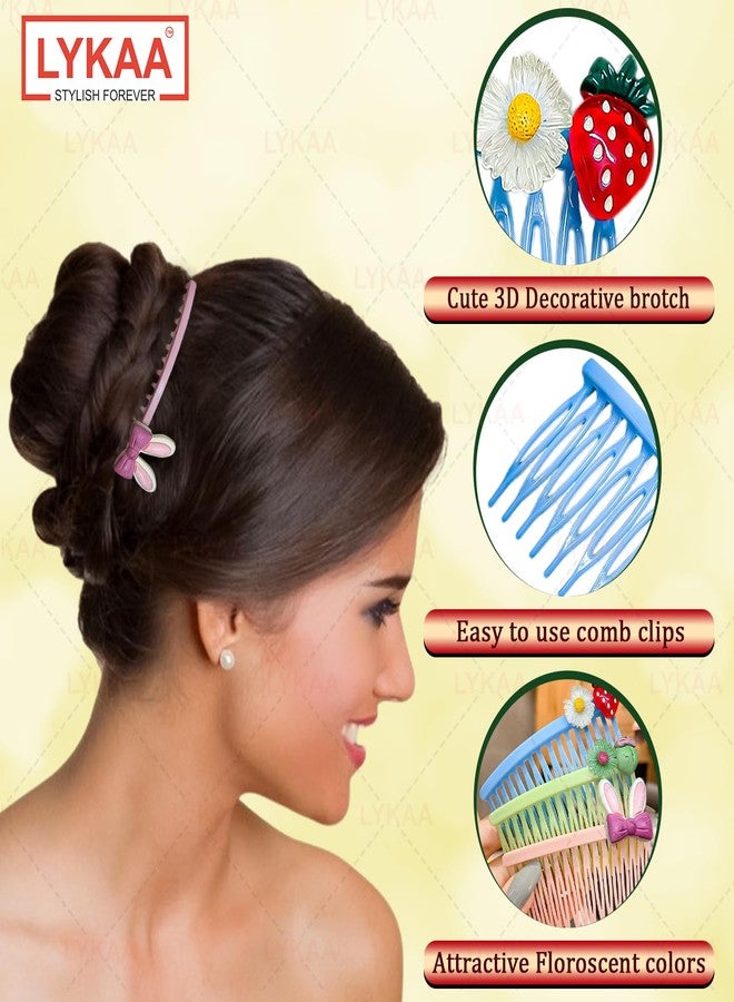 Lykaa Cute Decorative Side Hair Comb Clips for Women & Girls | Cartoon Style Plastic Hair Accessories with Bunny, Strawberry, Flower Designs | Strong Grip Comb Clips | Multicolour (Pack of 3) - Image 3