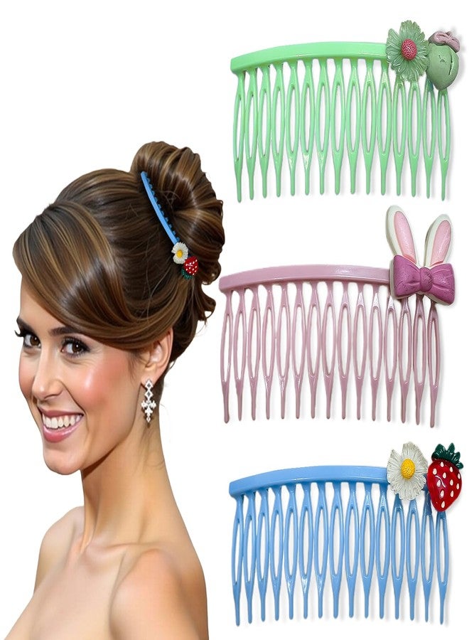 Lykaa Cute Decorative Side Hair Comb Clips for Women & Girls | Cartoon Style Plastic Hair Accessories with Bunny, Strawberry, Flower Designs | Strong Grip Comb Clips | Multicolour (Pack of 3) - Image 1