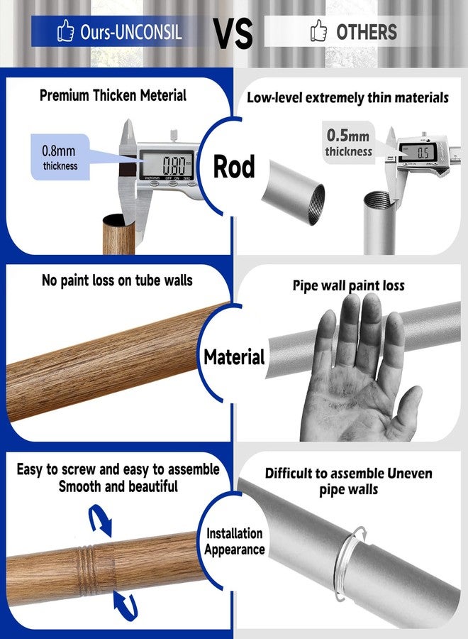 UNCONSIL Wood Curtain Rods for Windows: 1 Inch Diameter Heavy Duty Adjustable Curtain Rod 48" to 84", Wood Grain Pattern Blackout Wrap Around Window Rod for Indoor and Outdoor,All Metal - Image 5