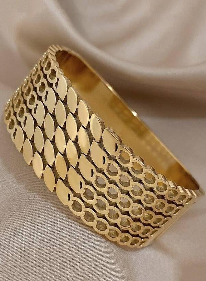 VIEN Trendy Gold Plated Wide Cuff Bracelet for Women & Girls | Adjustable Open Bangle | Stylish Wear Fashion Jewelry | Statement Bracelet Gift - Image 2
