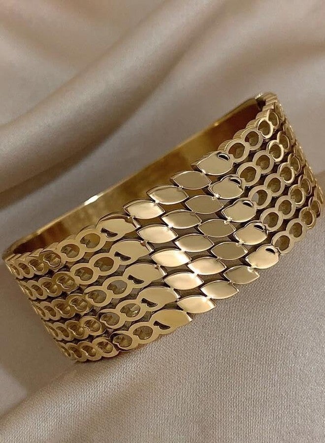 VIEN Trendy Gold Plated Wide Cuff Bracelet for Women & Girls | Adjustable Open Bangle | Stylish Wear Fashion Jewelry | Statement Bracelet Gift - Image 3