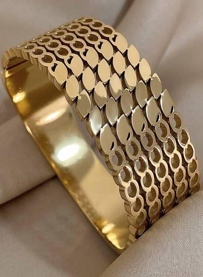 VIEN Trendy Gold Plated Wide Cuff Bracelet for Women & Girls | Adjustable Open Bangle | Stylish Wear Fashion Jewelry | Statement Bracelet Gift - Image 4