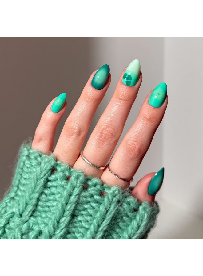 Glamnetic Press On Nails - Siren Green | Short Almond Fake Nails with an Aquamarine Gradient and Tropical Flower Accents, Salon Quality Summer Nails | 15 Sizes - 30 Nail Kit with Glue - Image 1