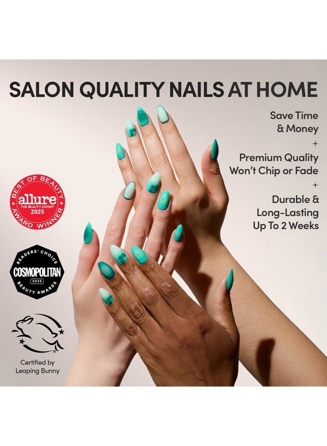 Glamnetic Press On Nails - Siren Green | Short Almond Fake Nails with an Aquamarine Gradient and Tropical Flower Accents, Salon Quality Summer Nails | 15 Sizes - 30 Nail Kit with Glue - Image 2