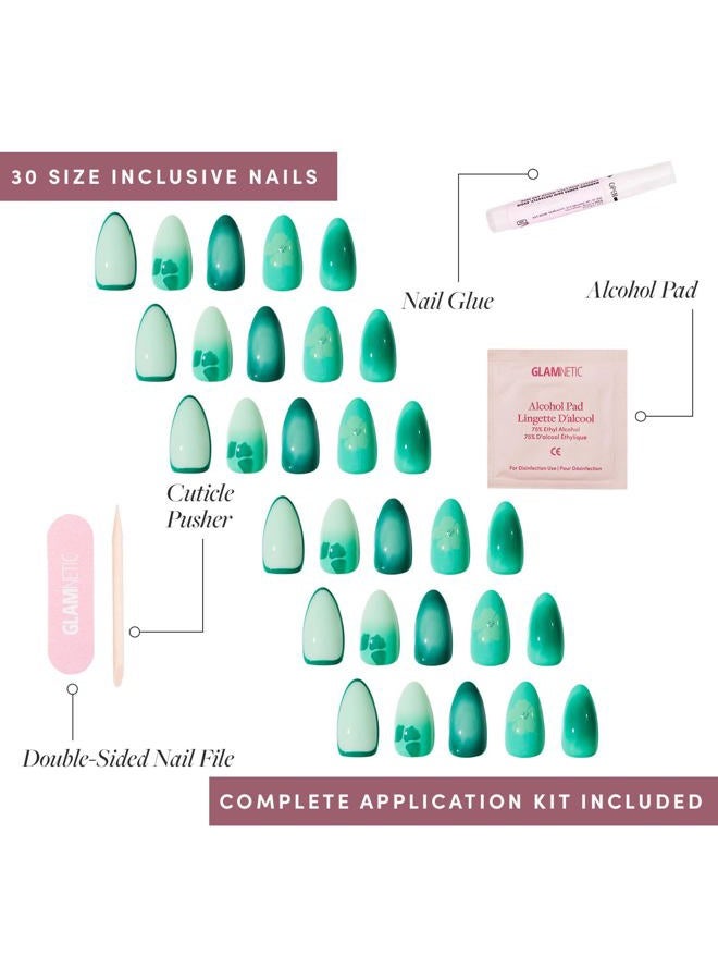 Glamnetic Press On Nails - Siren Green | Short Almond Fake Nails with an Aquamarine Gradient and Tropical Flower Accents, Salon Quality Summer Nails | 15 Sizes - 30 Nail Kit with Glue - Image 4