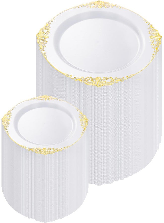 Joyido 200PCS White and Gold Plates - Gold Plastic Plates - Fancy Disposable Plate - Gorgeous Wedding Dinner & Dessert Plate for 100 Guests for Wedding & Party - Image 1