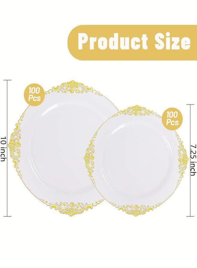 Joyido 200PCS White and Gold Plates - Gold Plastic Plates - Fancy Disposable Plate - Gorgeous Wedding Dinner & Dessert Plate for 100 Guests for Wedding & Party - Image 2