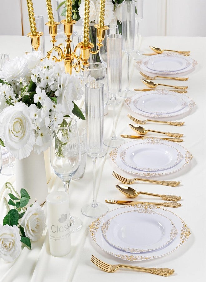 Joyido 200PCS White and Gold Plates - Gold Plastic Plates - Fancy Disposable Plate - Gorgeous Wedding Dinner & Dessert Plate for 100 Guests for Wedding & Party - Image 5