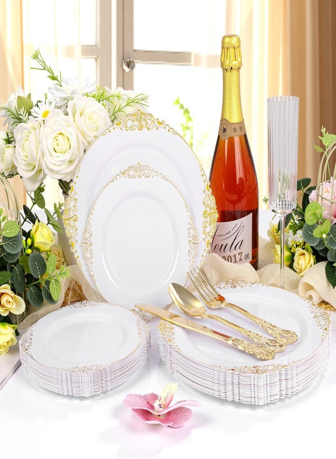Joyido 200PCS White and Gold Plates - Gold Plastic Plates - Fancy Disposable Plate - Gorgeous Wedding Dinner & Dessert Plate for 100 Guests for Wedding & Party - Image 3