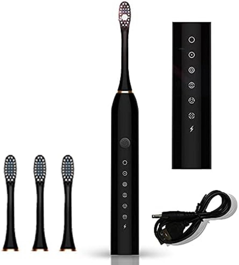 Multifunctional Sonic Electric Toothbrush - Professional Deep Cleaning with 6 Modes and Replacement Heads (Black, Tongue Brush Plus 6 Extra Heads)