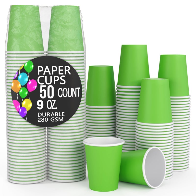 Exquisite Lime Paper Cups - 9 oz Disposable Coffee Cups 50 Paper Cups for Hot Drinks/Cold Cups - Durable Disposable Cups 280 GSM Hot Tea Cups & Coffee Cup To Go - Paper Party Cups - Image 1