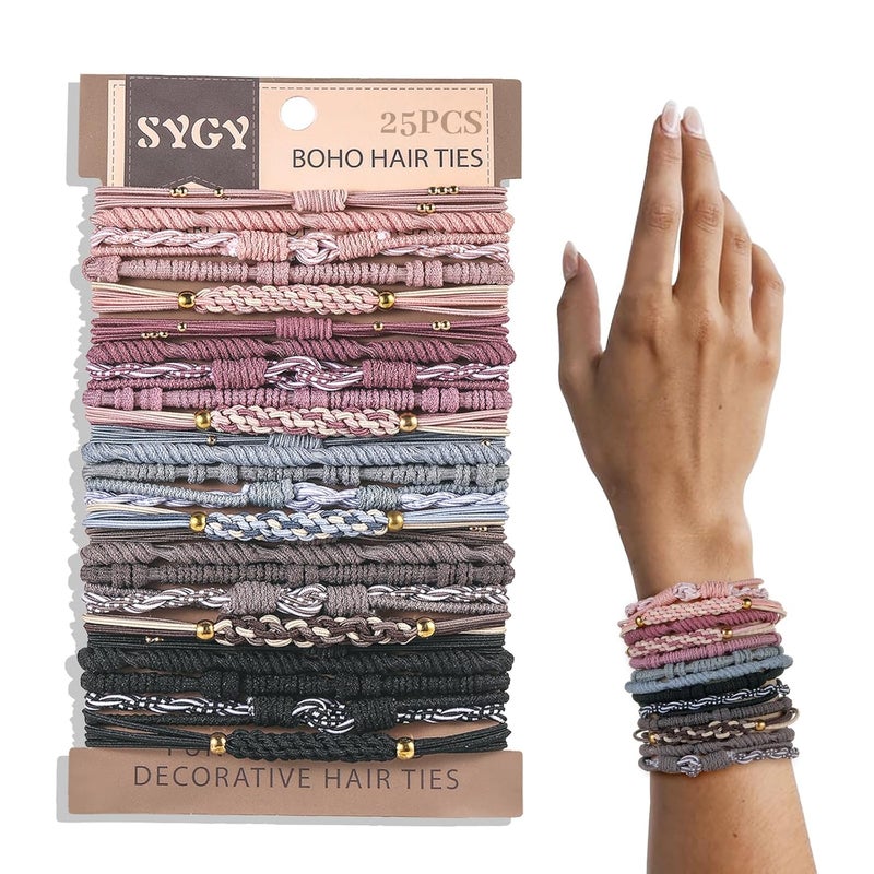 25 PCS Boho Hair Ties Bracelets Hair Ties for Thick or Thin Hair 5 Styles Boho Ties for Ponytail Holders 236 Hair Ties NoDamage Multicolor