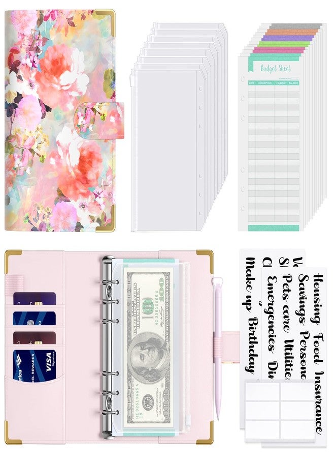 Rnivvi Budget Binder with Zipper Envelopes, A6 Money Saving Binder Cash Envelopes for Budgeting, PU Leather Budget Planner Money Organizer for Cash Bills, Floral Budget Wallet for Women, Pink Flower - Image 1