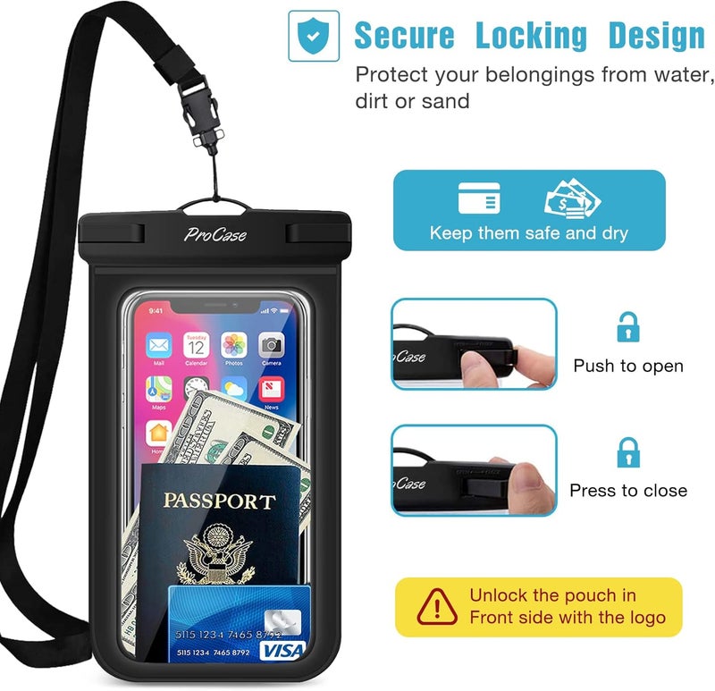 Procase 2 Pack Waterproof Phone Pouch Case, 7" Universal Underwater Cellphone Dry Bag for iPhone 17 Air 16 15 14 13 Pro Plus Max 12 11, Galaxy S24 S23 S22 Ultra Pixel -Black - Image 4