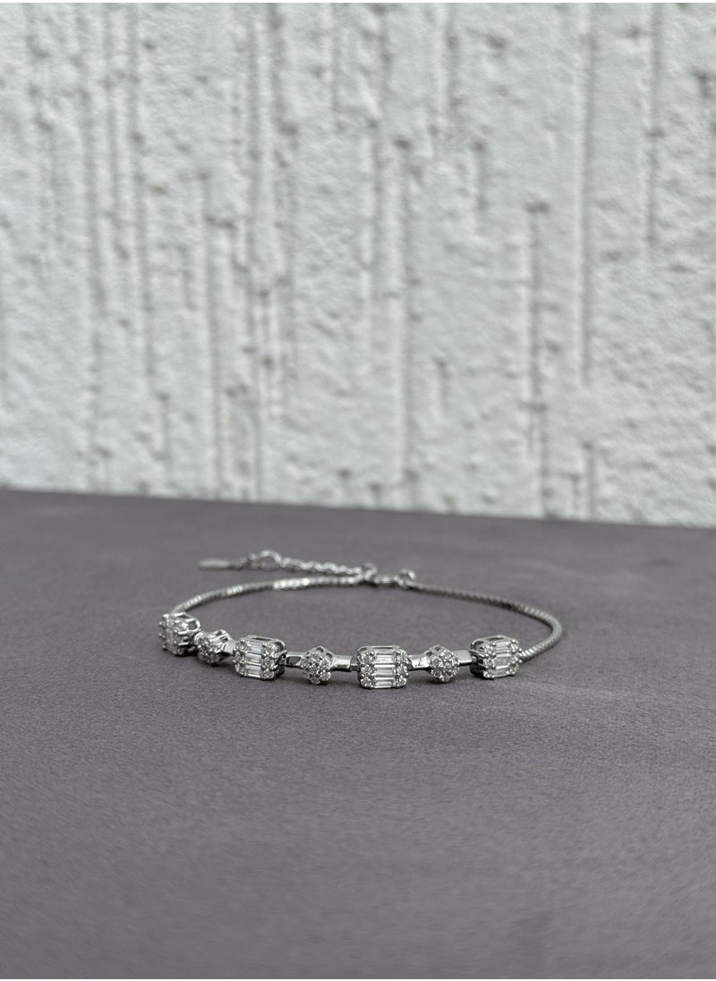 Al Kasr Jewelry Celestial Grace Bracelet - Adjustable Sterling Silver 925 with Zircon and Baguette Stones - Plated Rhodium White Gold 18K  - Image 2
