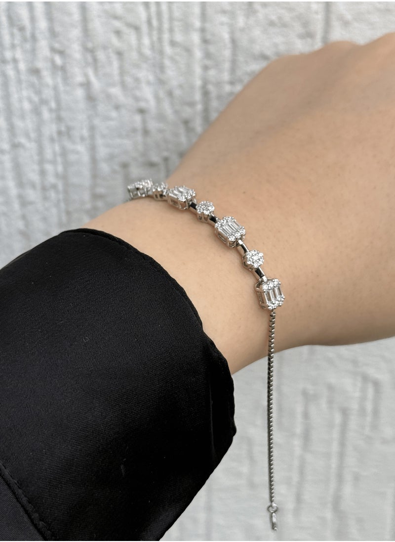 Al Kasr Jewelry Celestial Grace Bracelet - Adjustable Sterling Silver 925 with Zircon and Baguette Stones - Plated Rhodium White Gold 18K  - Image 3