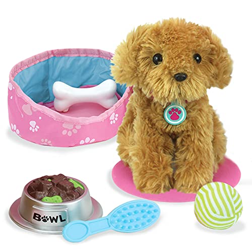 Sophia's 18" Doll 8 pc. Golden Brown Plush Puppy Dog, Carrier, and Accessories Set - Image 1
