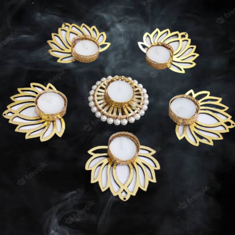 KollectionKart Beautiful Handmade 5 Lotus Tea Lights 1 Gota Bangle Tea Light Floor Rangoli for Home Office Decoration Diwali Gifts coOperate Gift White  - Image 1
