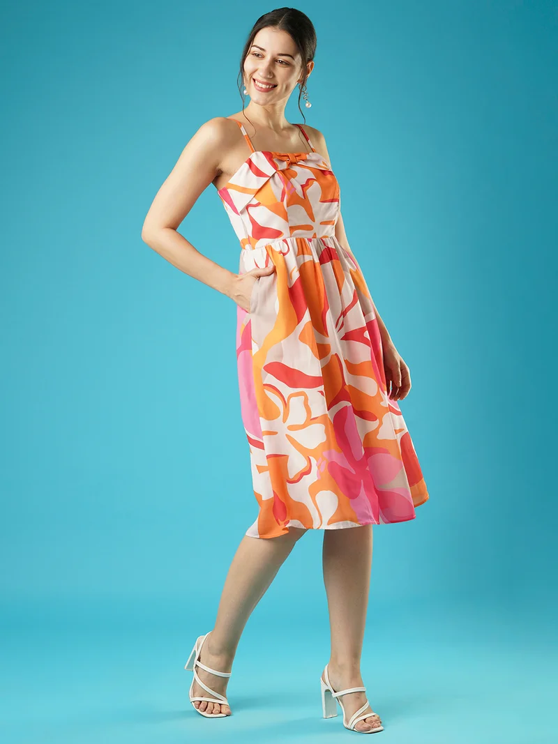 globus Globus Women Floral Print Square Neck Shoulder Straps Bow Design Panelled Fit & Flare Midi Dress