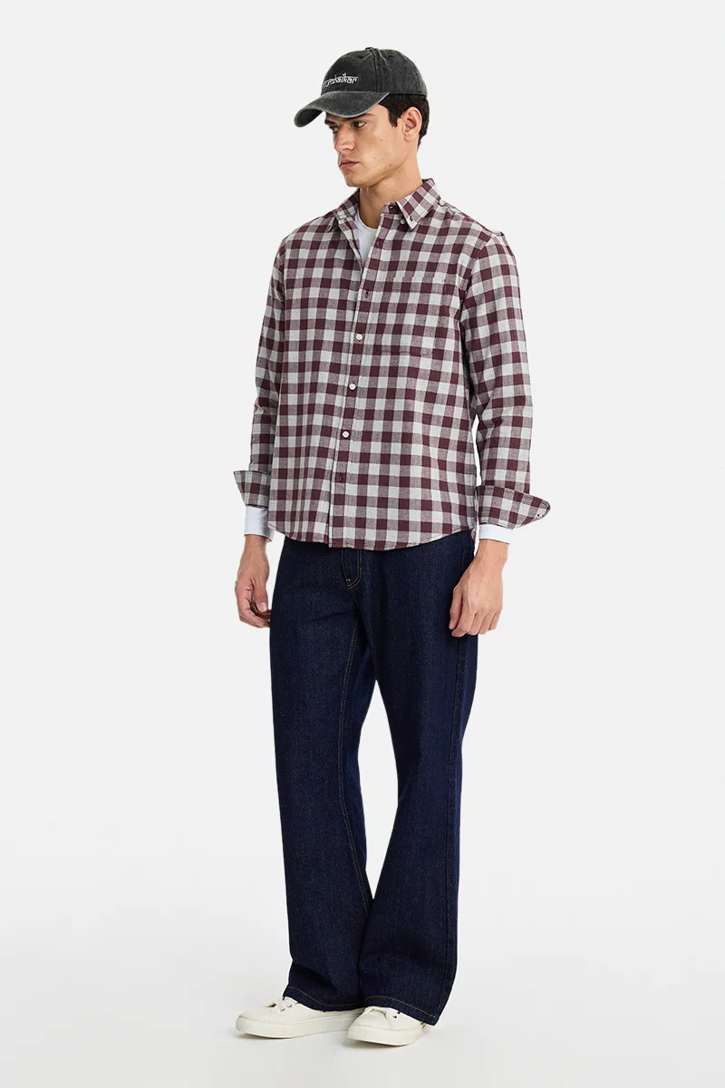 SNITCH Maroon Checkered Long Sleeve Regular Fit Casual Shirt