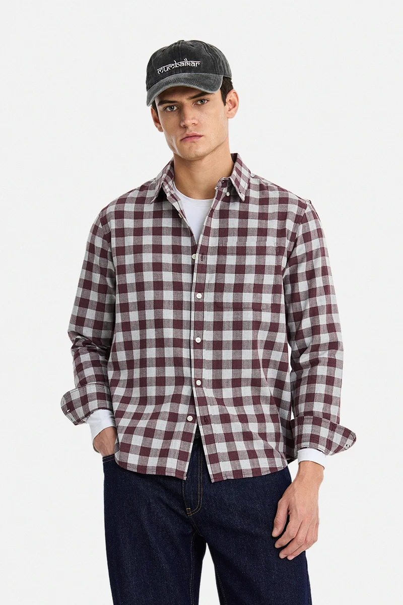SNITCH Maroon Checkered Long Sleeve Regular Fit Casual Shirt