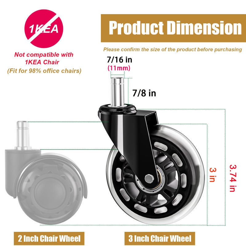 TESUMI Office Chair Caster Wheels 3" Inch Roller Blade Rubber Wheels Replacement, 11mm Universal Fit Stem, Heavy Duty Smooth Gaming Office Desk Chair Caster Wheels for Hardwood Floor Carpet - Set of 5 - Image 3