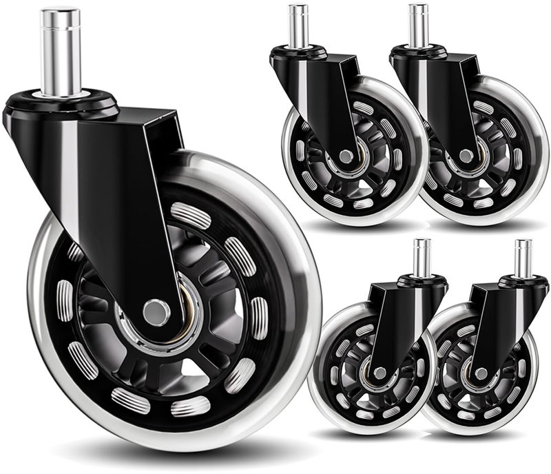 TESUMI Office Chair Caster Wheels 3" Inch Roller Blade Rubber Wheels Replacement, 11mm Universal Fit Stem, Heavy Duty Smooth Gaming Office Desk Chair Caster Wheels for Hardwood Floor Carpet - Set of 5 - Image 1