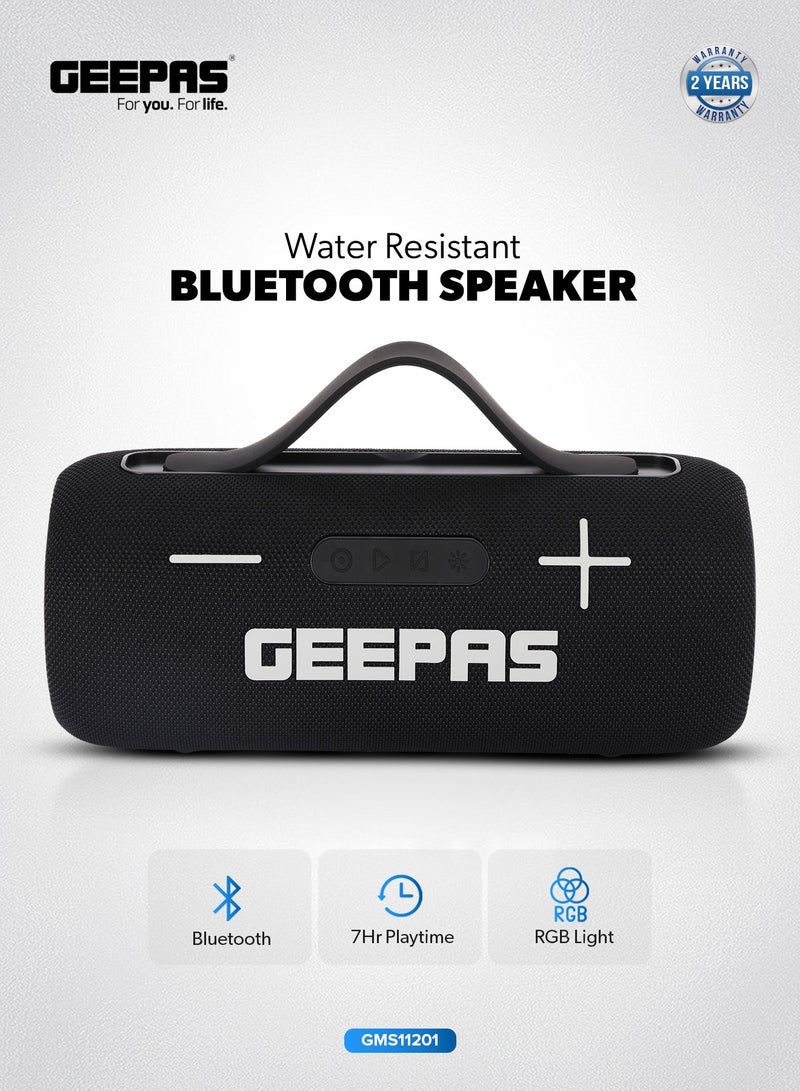 GEEPAS Water Resistant Bluetooth Speaker- GMS11201/ 5-7 Hours Playtime, TF, USB, AUX/ Rechargeable Battery, Enhanced Quality, Portable Party Vibes/ RGB Light Effects, Perfect for Parties, Picnics, Entertainment, etc. - Image 1