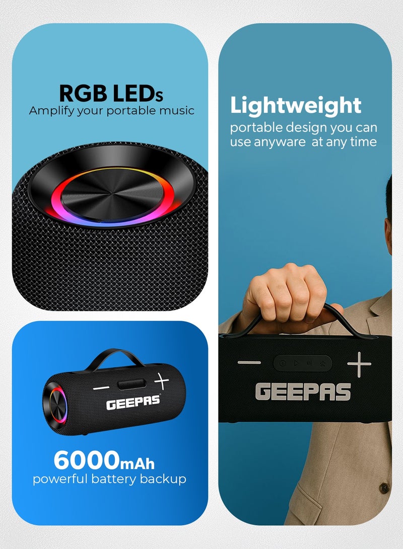 GEEPAS Water Resistant Bluetooth Speaker- GMS11201/ 5-7 Hours Playtime, TF, USB, AUX/ Rechargeable Battery, Enhanced Quality, Portable Party Vibes/ RGB Light Effects, Perfect for Parties, Picnics, Entertainment, etc. - Image 4