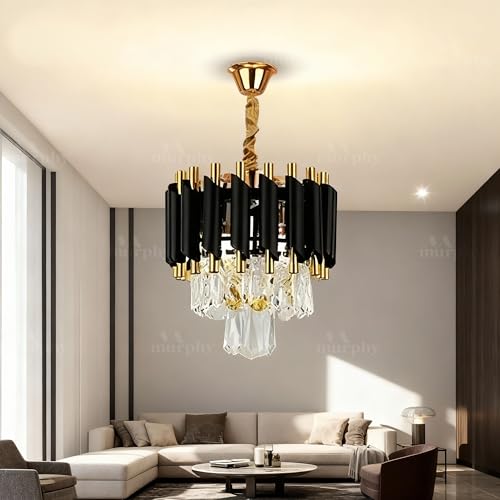 Murphy Black Mamba Black & Gold Crystal Pendant Light (Pack of 1) | 12 Inch Round Luxury Ceiling Chandelier with Metal Frame & Crystal Tubes for Living Room, Dining Room, Bedroom & Hall (300MM) - Image 1