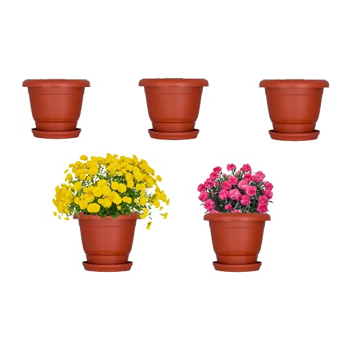Leafy Tales 6-inch Plastic Flower Pots with 4-inch Dripping Trays (Pack of 5 Sets) - Terracotta Colour Garden Gamla for Home & Outdoor Balcony - Durable Indoor/Outdoor Planters with Drainage Saucers - Image 1