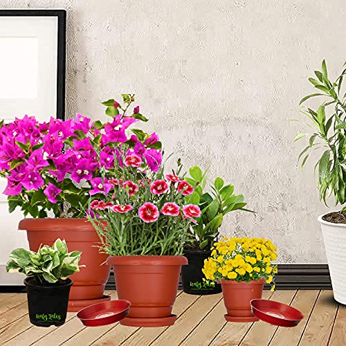Leafy Tales 6-inch Plastic Flower Pots with 4-inch Dripping Trays (Pack of 5 Sets) - Terracotta Colour Garden Gamla for Home & Outdoor Balcony - Durable Indoor/Outdoor Planters with Drainage Saucers - Image 2