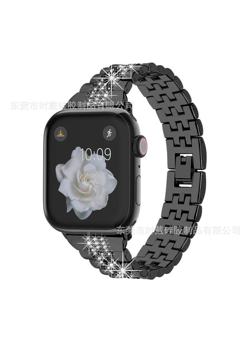 Generic - Suitable for apple watchband apple watch8/7/6/SE/Ultra apple Diamond iwatch Metal WatchbandBlack + bright black connector 38/40/41 Black + bright black connector 38/40/41 - Image 1