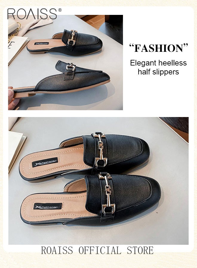 roaiss Knot Buckle Decor Square Toe Mule Flats for Women Comfortable Toe Cap Backless Out Wear Half Slippers Ladies Elegant Slip-on Loafers - Image 5