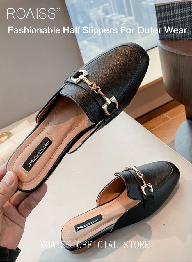 roaiss Knot Buckle Decor Square Toe Mule Flats for Women Comfortable Toe Cap Backless Out Wear Half Slippers Ladies Elegant Slip-on Loafers - Image 4