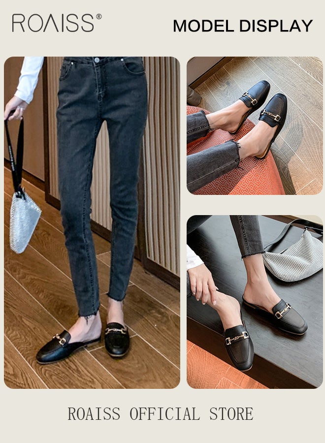 roaiss Knot Buckle Decor Square Toe Mule Flats for Women Comfortable Toe Cap Backless Out Wear Half Slippers Ladies Elegant Slip-on Loafers - Image 1