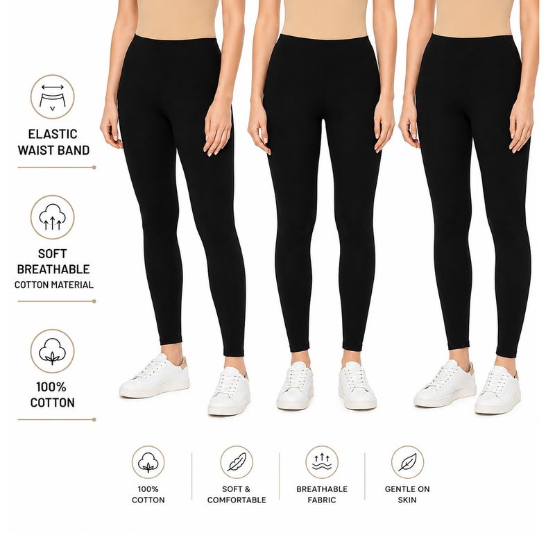Fabienne 3-Pc Cotton Leggings for Women Soft Stretch Pants Cotton Yoga Pants Elastic Waist Womens Leggings Black Skinny Comfortable Everyday Fit - Image 2