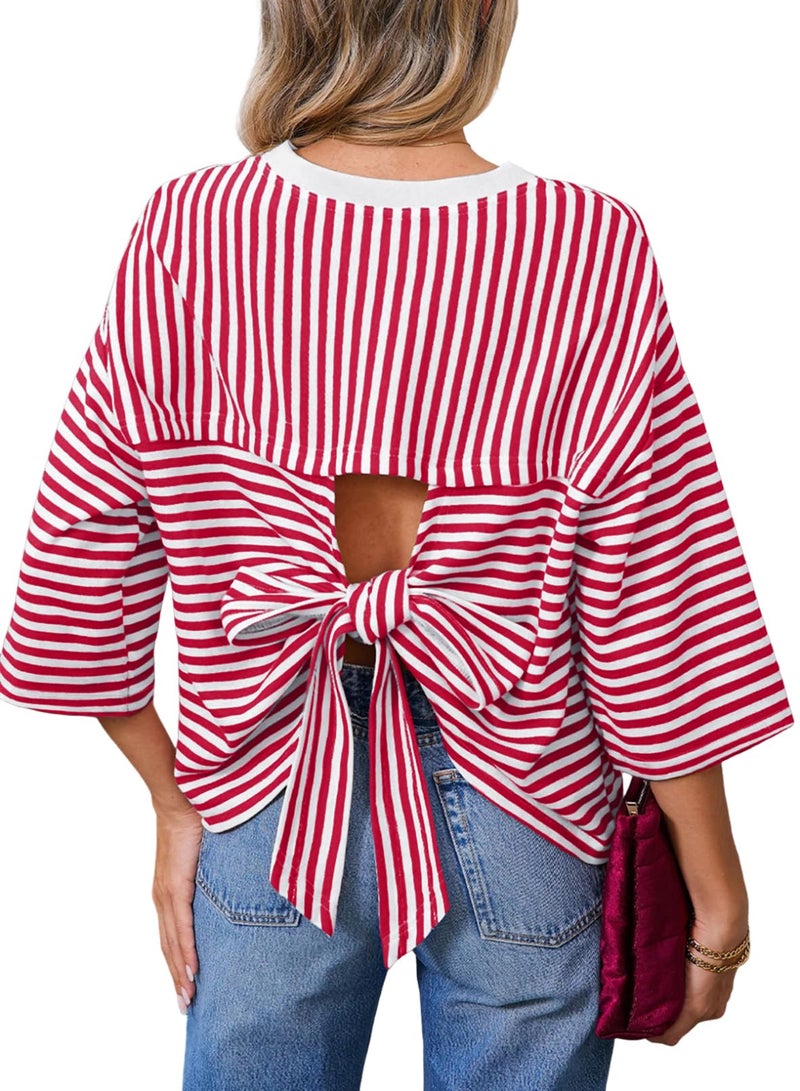 Dokotoo Womens Summer Short Sleeve Tops Fashion 2026 Crewneck Casual Loose Oversized Tie Back Striped Tshirt Trendy Outfits Red 1X - Image 1