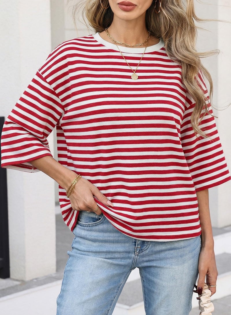 Dokotoo Womens Summer Short Sleeve Tops Fashion 2026 Crewneck Casual Loose Oversized Tie Back Striped Tshirt Trendy Outfits Red 1X - Image 2