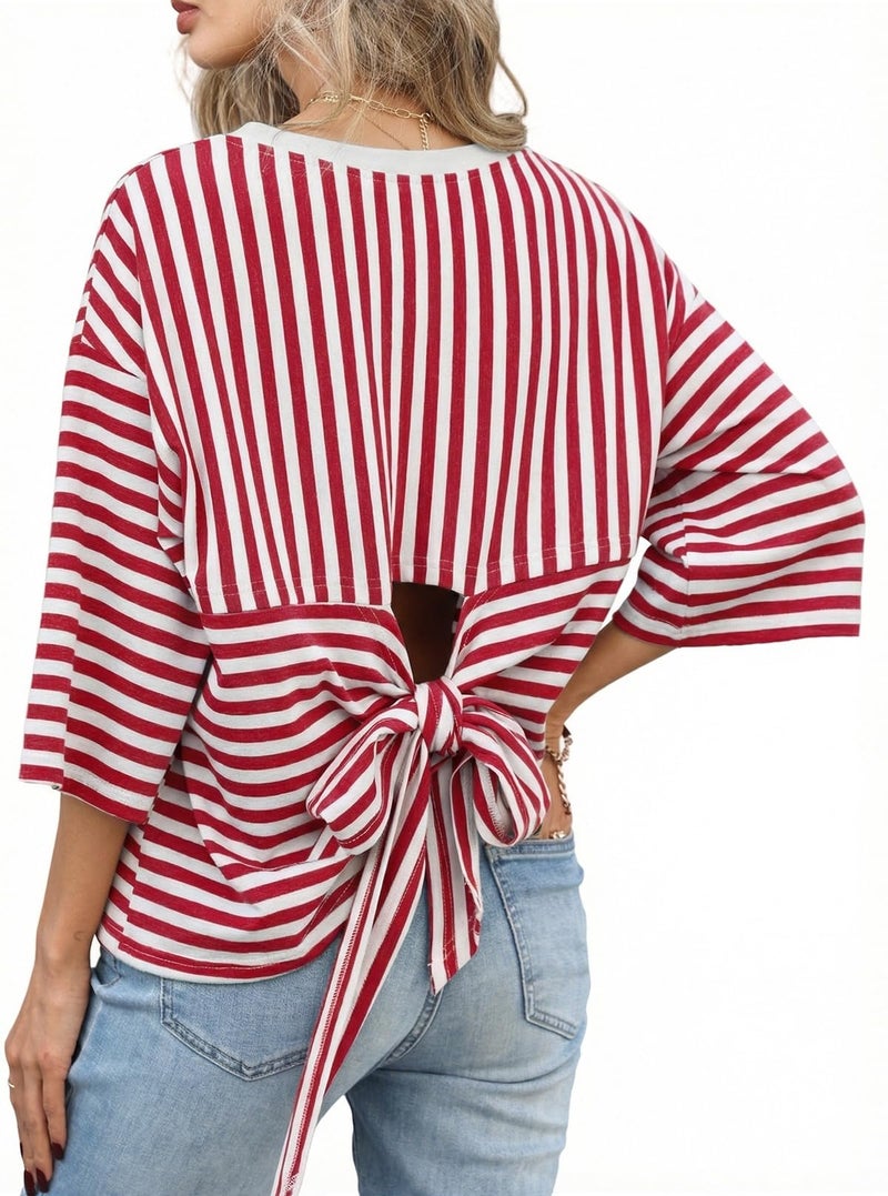 Dokotoo Womens Summer Short Sleeve Tops Fashion 2026 Crewneck Casual Loose Oversized Tie Back Striped Tshirt Trendy Outfits Red 1X - Image 4