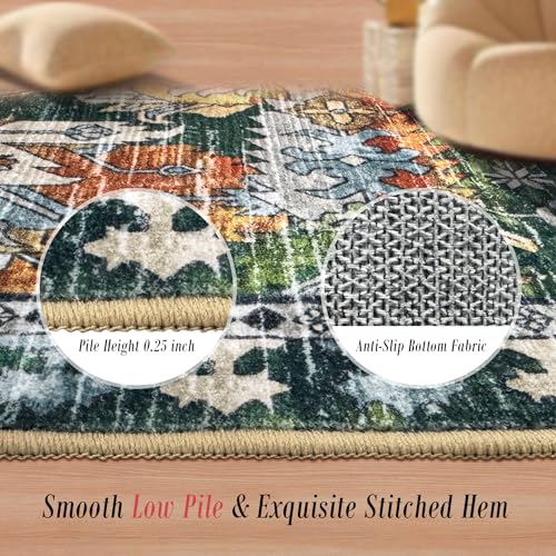 RUGSURE Washable Area Rugs - Perfect for Living Room, Bedroom, Kids Room, Nursery - Stain & Water Resistant Non-Slip, Pet & Child Friendly, Vintage Tribal Area Rugs (Green, 6' x 9') - Image 3