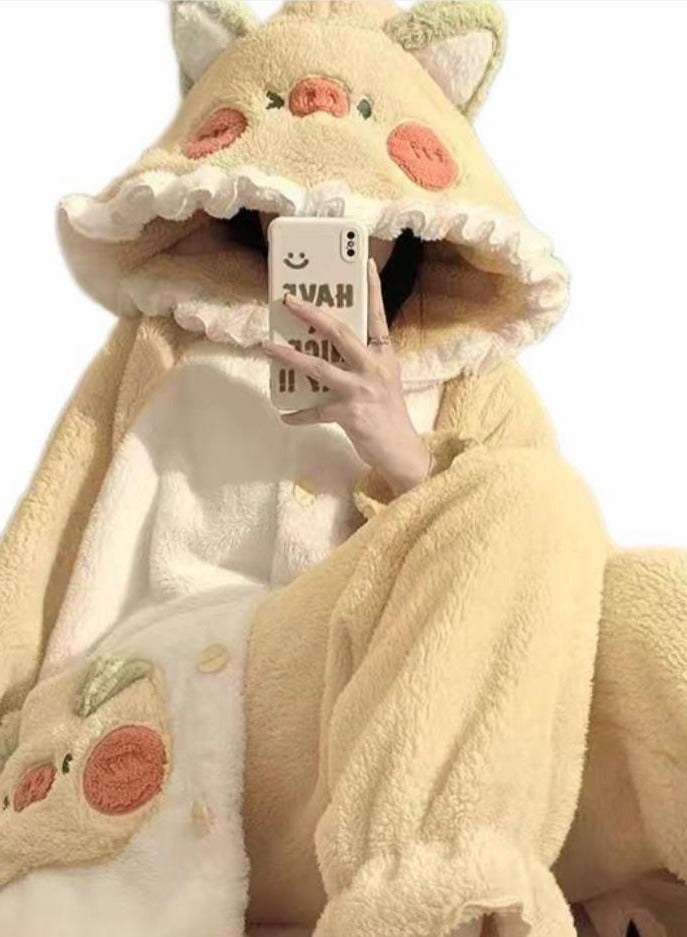 KUYING Velvet and Thickened Nightgown Cute Cartoon Home Fur Set  - Image 1