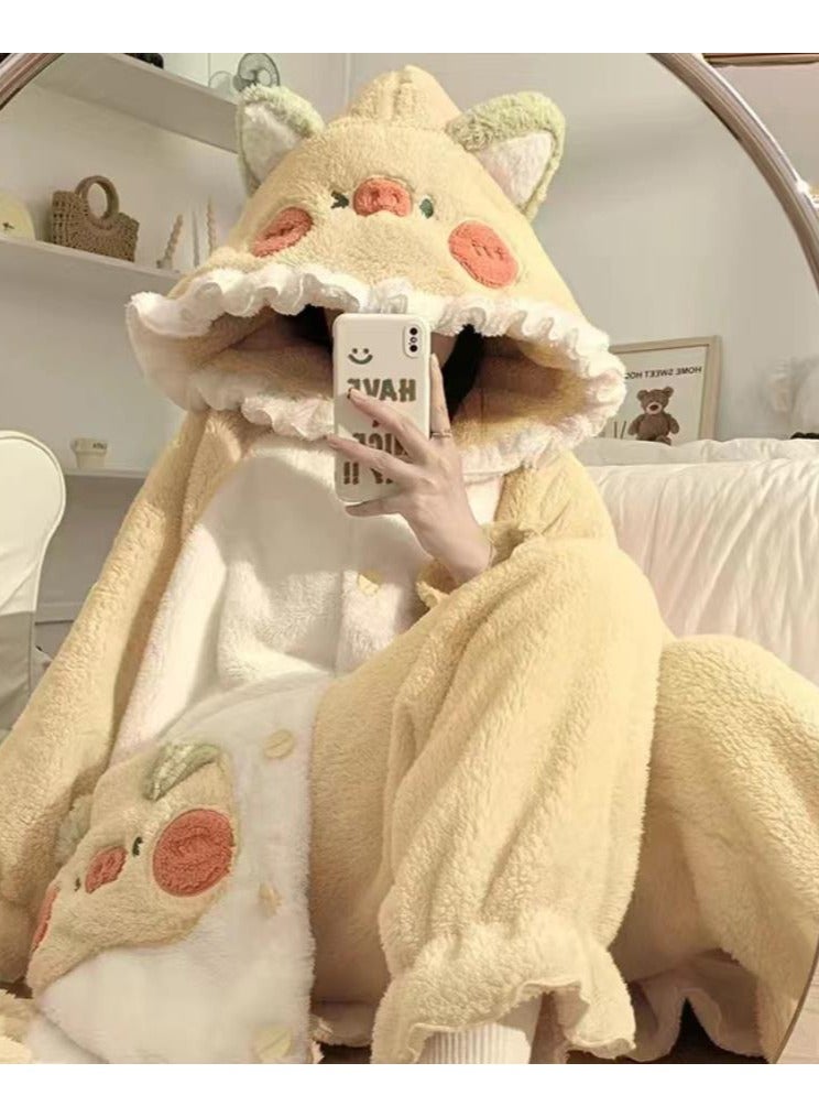 KUYING Velvet and Thickened Nightgown Cute Cartoon Home Fur Set  - Image 2
