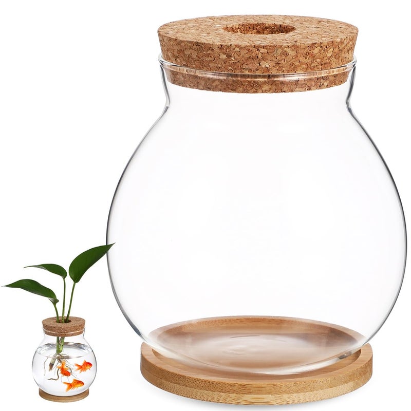 POPETPOP Desktop Glass Fish Bowl - Round Small Fish Tank with Wood Stopper & Bamboo Mat, Clear Glass Betta Fish Bowl for Succulent Plants, Hydroponic Air Plant (5.1X5.5 in) - Image 1