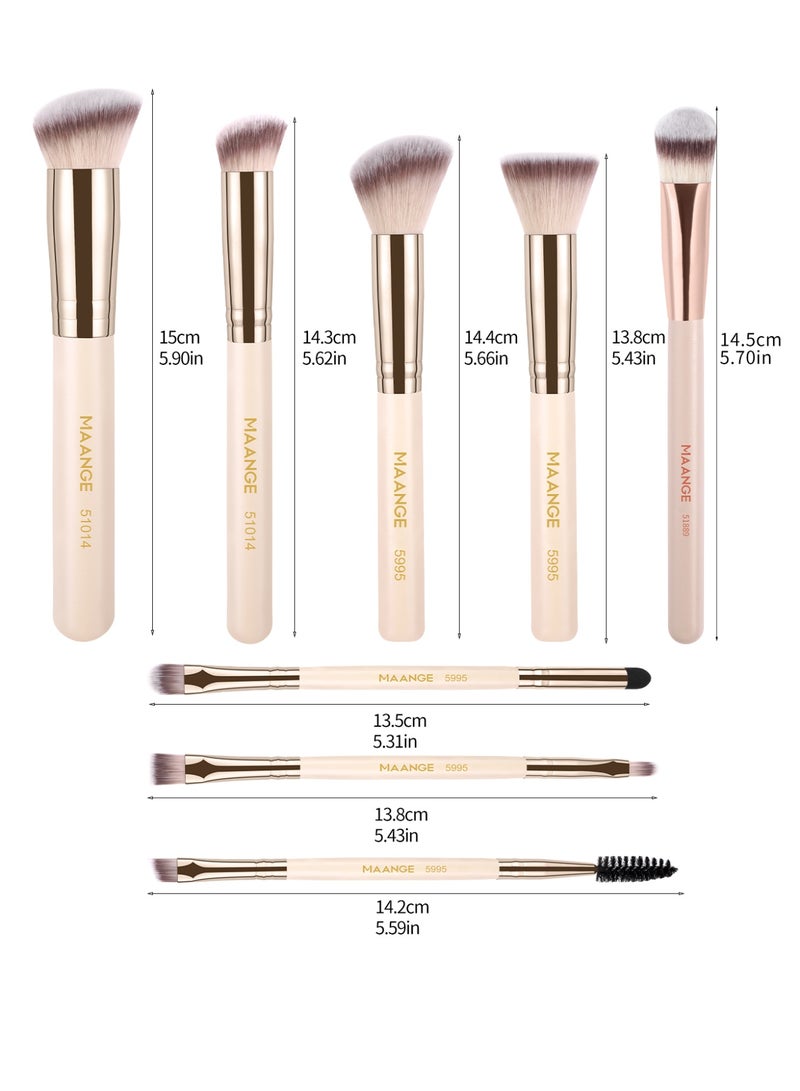 MAANGE 8 قطع فرش مكياج، فرشاة بودرة، فرشاة أحمر خدود، فرش مكياج من مواد صناعية ممتازة، فرش أساس، بودرة، خافي عيوب، ظلال عيون، بيج - Image 3